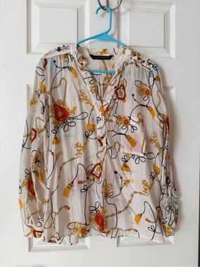 ZaraWomen’s Cream Printed Long-Sleeve Blouse with Gold & Red Accents